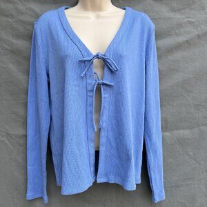 Talbots Size L Cotton Modal Ribbed Blue Wave Cardigan Sweater Long Sleeve